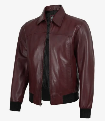 Mens maroon leather bomber jacket