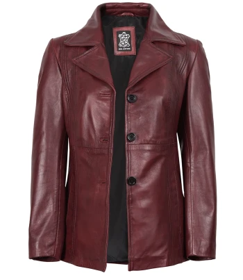 women burgundy leather blazer