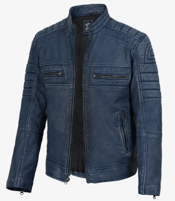 mens washed blue leather jacket