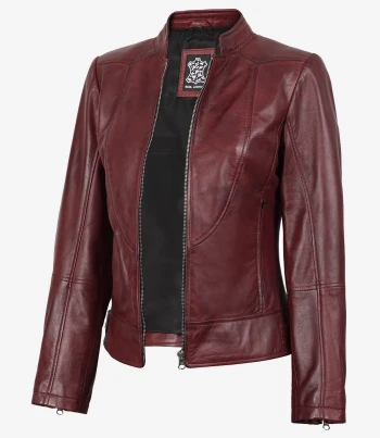 women maroon leather jacket