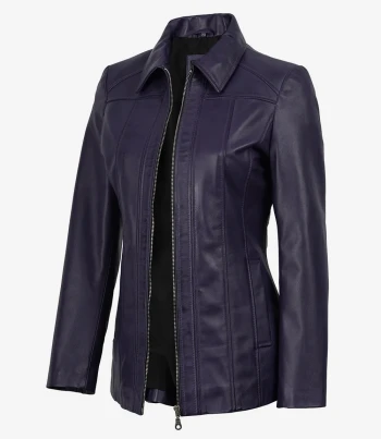 women purple leather coat