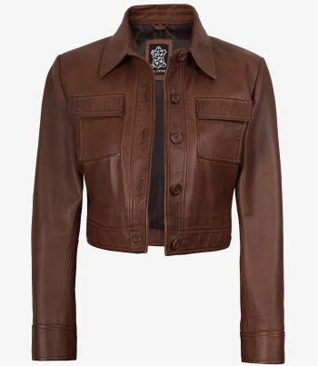 Women's cropped brown leather jacket