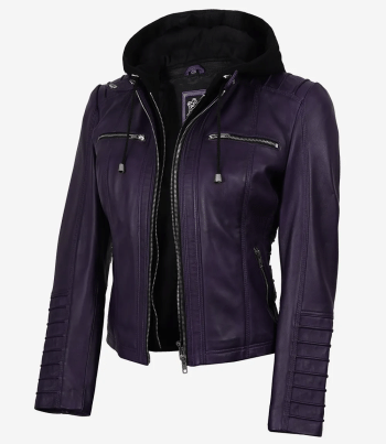 Womens Purple Real Leather Biker Jacket Removable Hood