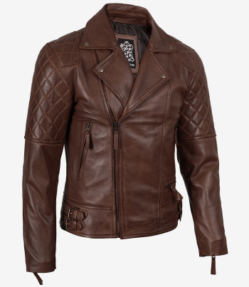 Mens fitted cognac biker leather jacket