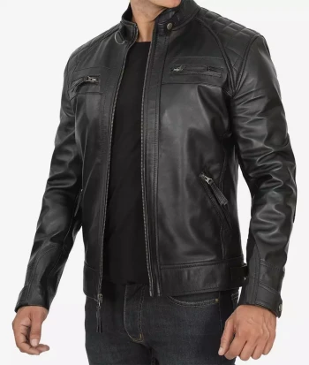 Mens Tall Quilted Shoulder Black Cafe Racer Leather Jacket