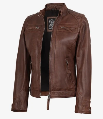 women cognac biker leather jacket