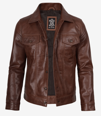 Leather trucker jacket men cognac