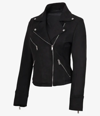 womens asymmetrical black faux suede biker jacket