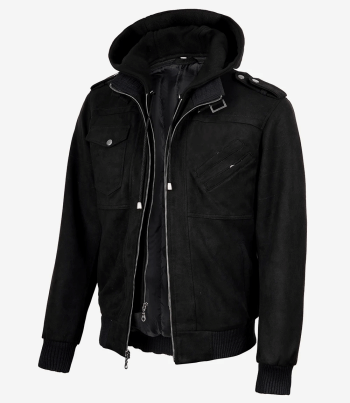Men's black suede hooded bomber jacket