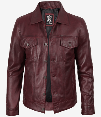 men maroon trucker leather jacket