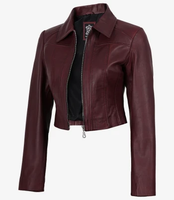 womens maroon waxed leather cropped jacket
