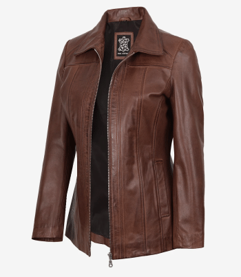 women cognac leather coat