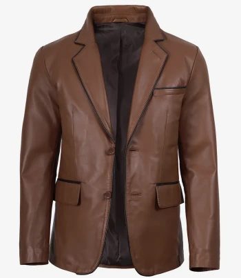 Cognac leather blazer lapel