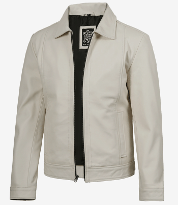 Mens Shirt Collar White Leather Jacket