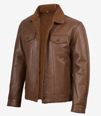 Men's cognac leather sherpa trucker
