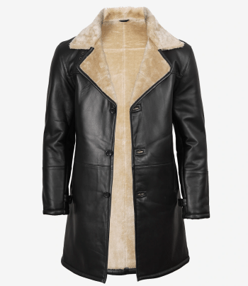 Mens warm leather coat black shearling