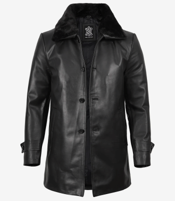 Classic men black leather fur coat