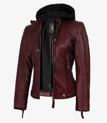women maroon leather jacket with hood