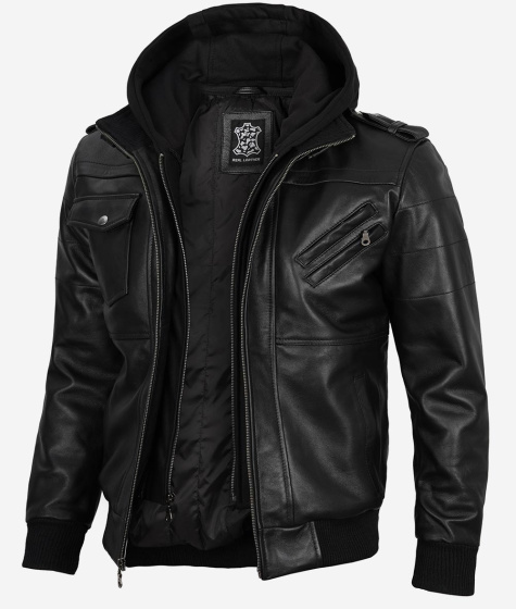 Mens Bomber Black Leather Jacket with...