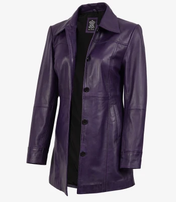 women purple leather coat