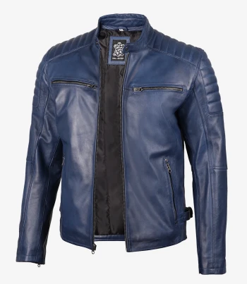 Blue Waxed Cafe Racer Leather Jacket