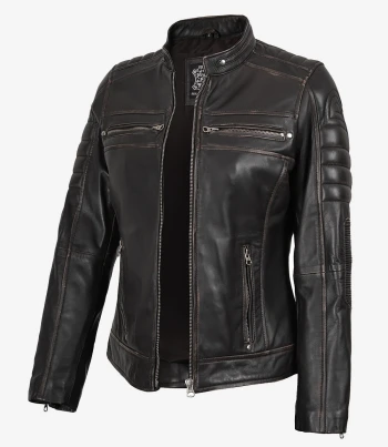 women distressed brown leather jacket