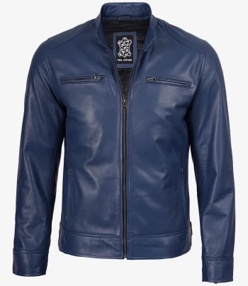 Mens blue leather biker jacket