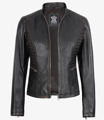 women dark brown biker leather jacket