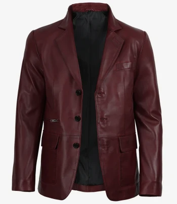 Mens maroon leather blazer jacket