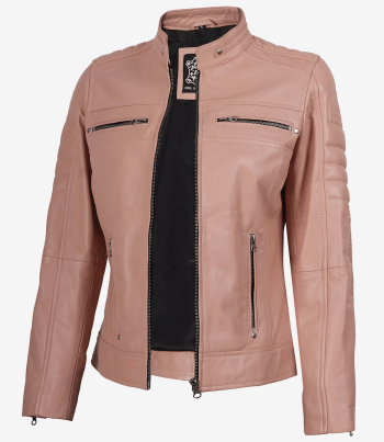 women pink cafe racer leather jacket