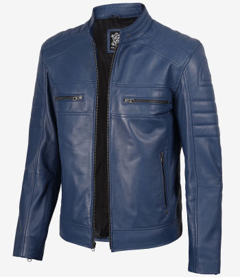 men blue cafe racer leather jacket