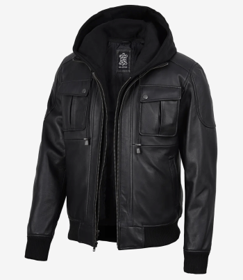 Men's black lambskin hooded bomber