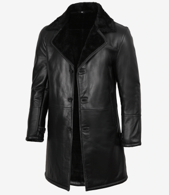 Mens warm shearling leather coat black