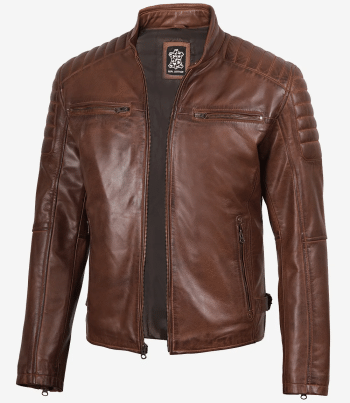 men cognac leather biker jacket