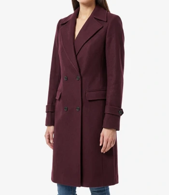Womens Double Breasted Wool Coat Maroon