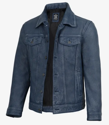 Mens casual blue leather jacket