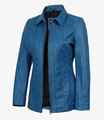 women blue leather coat