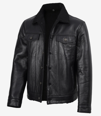 Men's black leather sherpa trucker jacket