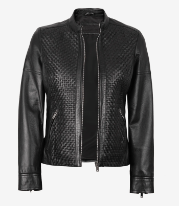 Black Textured Leather Jacket for Women