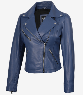 women blue leather jacket