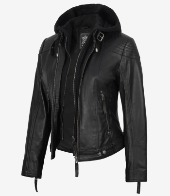 women black leather jacket with hood