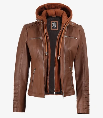 women cognac hooded leather jacket