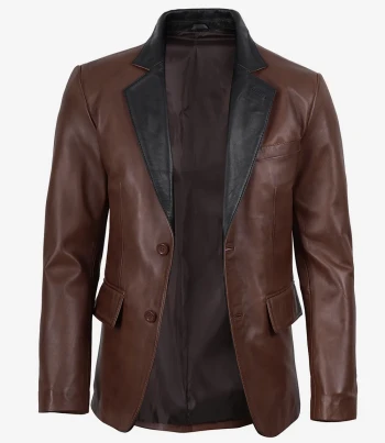 Cognac leather blazer black lapel