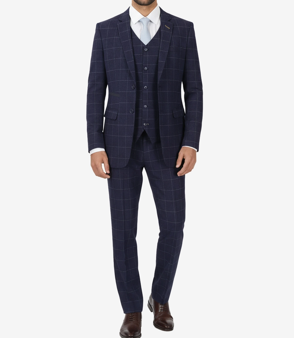 Men's Three Piece Navy Blue Herringbone Suit