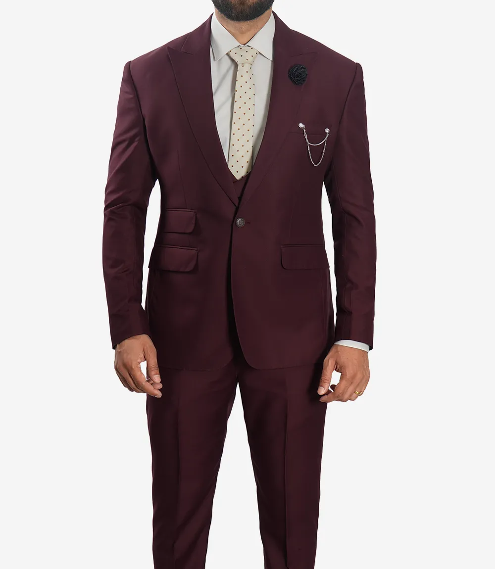 Three Piece Peak Lapel Burgundy Men's Suit