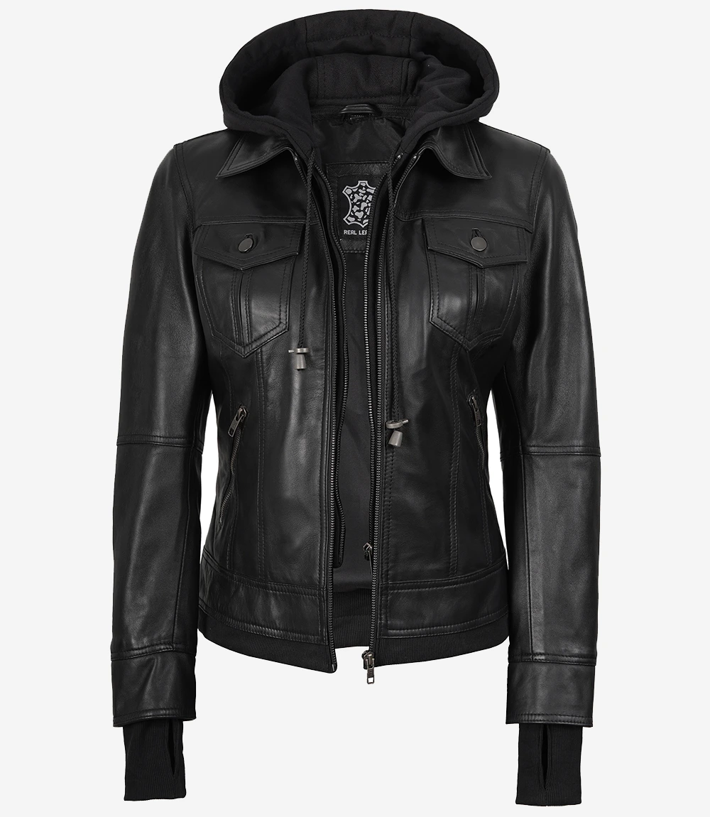 Women's Black Hooded Bomber Jacket