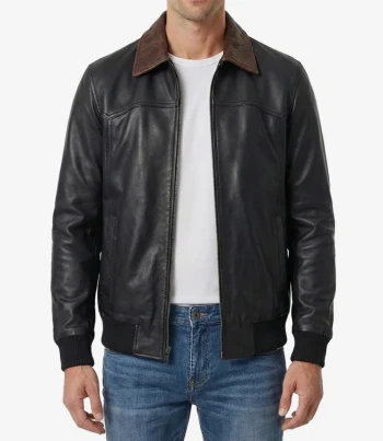 Mens black leather bomber jacket