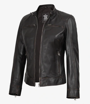 women dark brown distressed leather jacket
