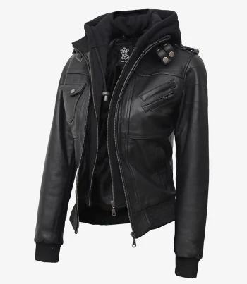 Womens Tall Black Leather Bomber Jacket