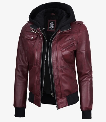 women burgundy bomber leather jacket